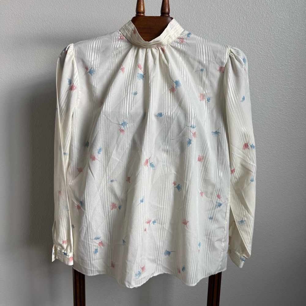VTG Koret Petites Cottagecore Floral Mock Neck Textured Blouse Made USA Prairie